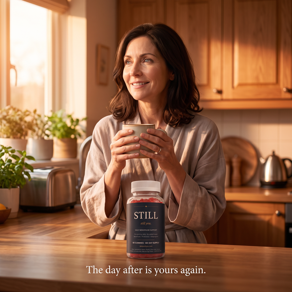 The same woman the next morning in a sunlit kitchen with Still You bottle - the day after is yours again